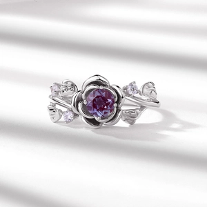 Vintage rose flower ring in S925 sterling silver with alexandrite and purple stones