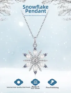 Macro detail of 925 silver snowflake pendant with shell pearls and zirconia stones