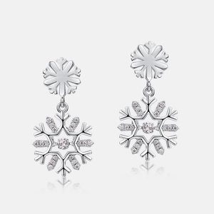 Elegant S925 sterling silver snowflake earrings with sparkling zirconia stones on white background