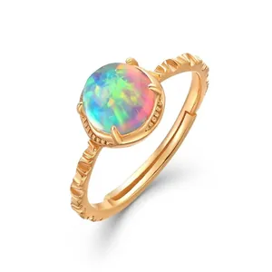 S925 Sterling Silver Adjustable Opal Ring For Women Vintage Gold Plated Round Artificial Opal Rhinestone Fashion Jewelry