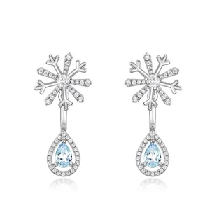 Women's 925 Sterling Silver Snowflake Drop Earrings Sky Blue Topaz Water Drop Pendant Rhinestone Dangle Earrings For Winter Jewelry Gift