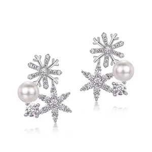 Boucles D'oreilles Puces Flocon De Neige Avec Künstliche Perle De Coquillage Et Zircon Argent Sterling S925 Bijoux Romantiques