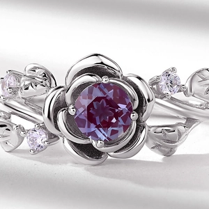 S925 sterling silver rose ring with round purple alexandrite stone and leaf accents