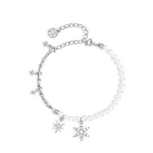 Elegant 925 Sterling Silver Snowflake Bracelet Shell Artificial Pearl Splicing Star Zircon Charms Adjustable Chain Women Winter Jewelry