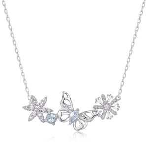 S925 Sterling Silver Butterfly Snowflake Pendant Necklace With Sky Blue Topaz Elegant Fashion Jewelry For Women Gift