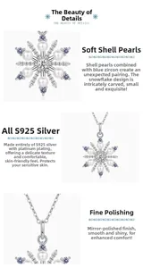 Macro detail of snowflake pendant in 925 silver with shell pearl and blue zircon stones