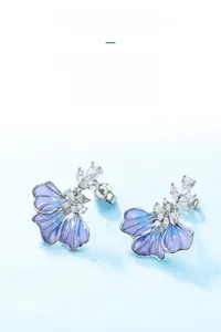Macro detail of S925 silver iris earrings featuring blue plique-à-jour enamel and zircons