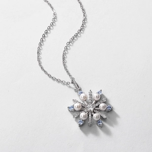 Snowflake 925 silver necklace with white pearls and blue stones for Christmas gift