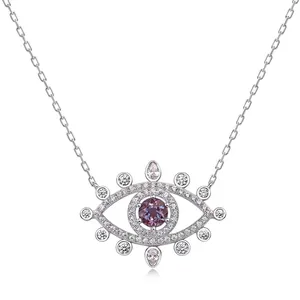 Collier Mauvais Œil en Argent Sterling 925 pour Femme Pendentif Alexandrite de Laboratoire Violet Strass Bijoux de Mode Cadeau
