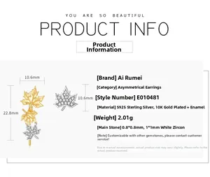 Detail view of S925 sterling silver maple leaf earrings with white zircon accents