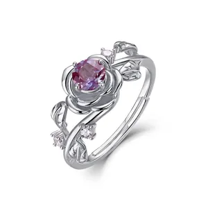 925 Sterling Silver Alexandrite Rose Flower Open Ring For Women Vintage Botanical Leaf Design Adjustable Rhinestone Ring Jewelry