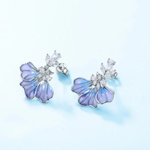 Elegant 925 silver blue iris stud earrings with purple enamel and cubic zirconia