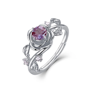 S925 sterling silver alexandrite rose ring with purple gemstone and vine band details