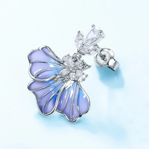 Blue iris flower drop earrings in S925 sterling silver with purple enamel and zircons