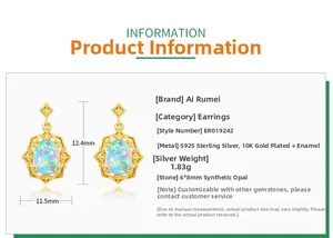 Detailed size chart for S925 silver hollow vintage earrings with synthetic opal stones