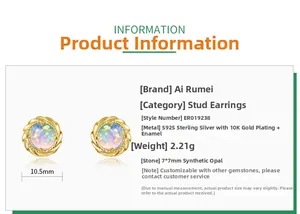 Detail view of 10.5mm gold plated S925 silver earrings with 7mm synthetic opal stone