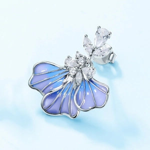 Elegant 925 sterling silver blue iris flower stud earrings with gradient enamel finish