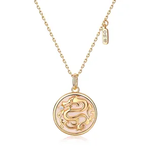 Zodiac Dragon Pendant Necklace 925 Sterling Silver 10K Gold Plated Mother Of Artificial Pearl Zircon Openwork Blessing For Women