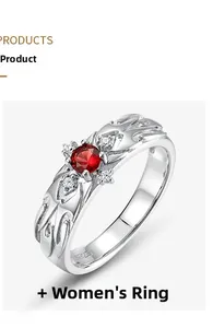 Detailed view of S925 silver women's ring featuring red gemstone and hollow wave texture