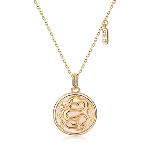 Sterling silver dragon necklace with white shell inlay and golden lucky charm pendant