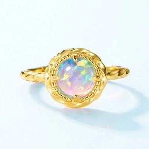 Minimalist 925 silver 10K gold plated opal ring with a vintage twisted rope texture band