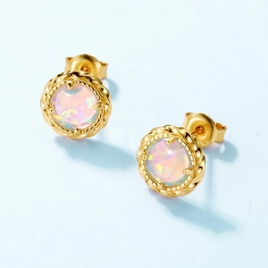 Minimalist S925 sterling silver gold-plated opal stud earrings with rope texture edges