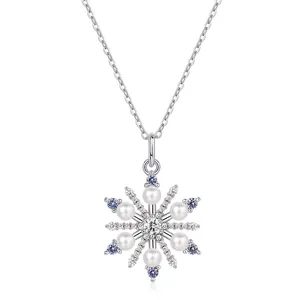 925 Sterling Silver Snowflake Pendant Necklace With Shell Artificial Pearl White Zirconia For Christmas Gift Women Jewelry