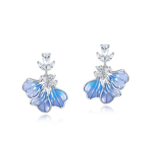 Blue iris floral earrings in 925 silver with gradient enamel and sparkling zircons