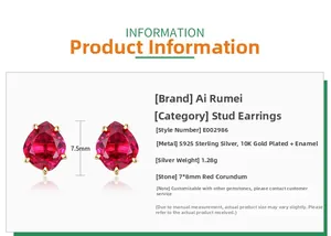 Detailed specs of teardrop red corundum earrings in S925 silver with 10K gold plating
