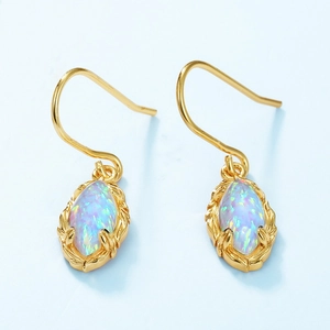 Vintage gold oval opal drop earrings with intricate leaf texture on s925 silver base