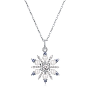 Elegant 925 silver snowflake necklace with pearl and blue zircon pendant for women