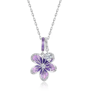 Collier Pendentif Orchidée Violette en Argent Sterling 925 Émail Avec Strass Bijoux Esthétiques Frais pour Femme Cadeau Fête
