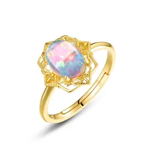 925 Sterling Silver Vintage Opal Ring For Women Luxurious Palace Style Hollow Geometric Design Adjustable Open Finger Ring