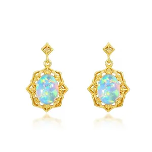 Vintage 925 Sterling Silver Synthetic Opal Stud Earrings For Women Retro Hollow Geometric Gold Plated Fashion Jewelry Gift
