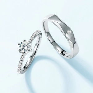 Élégantes bagues de couple en argent sterling S925 avec moissanite et design géométrique