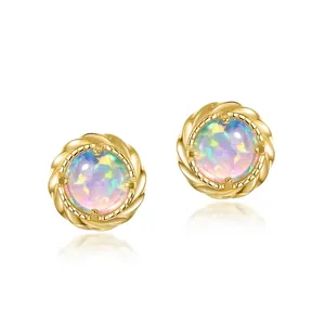 925 Sterling Silver Opal Stud Earrings Vintage Geometric Gold Plated Round Artificial Opal Earrings For Women Fashion Jewelry Gift