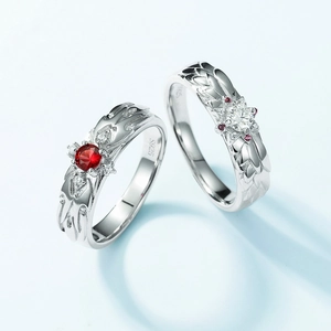 Elegant S925 sterling silver couple rings with dragon scale and phoenix feather patterns