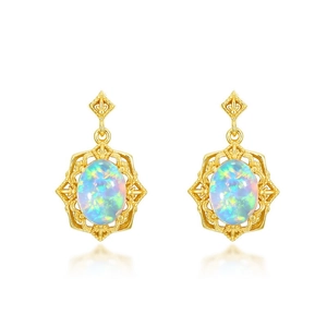 Elegant vintage S925 silver opal stud earrings with hollow gold finish and blue-green fire