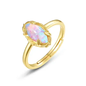 Vintage 925 Sterling Silver Marquise Synthetic Opal Open Ring For Women Gold Plated Adjustable Geometric Finger Jewelry
