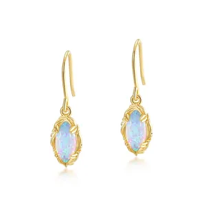 Vintage 925 Sterling Silver Synthetic Opal Dangle Earrings For Women Japanese Style Gold Plated Elegant Leaf Texture Jewelry