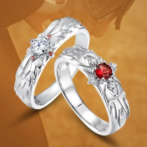 Original Design Dragon Scale Phoenix Feather Couple Rings 925 Sterling Silver Moissanite Red Zirconia Wings Rings Jewelry