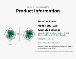 Detailed chart showing S925 silver green moss agate stud earrings and product dimensions