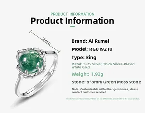 Detail view of S925 sterling silver ring featuring an 8mm round green moss agate stone