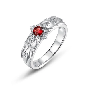 S925 sterling silver ring with a red round gemstone and intricate hollow pattern