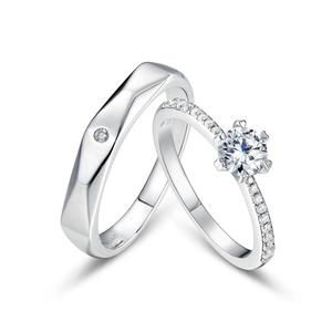 Bagues de couple en argent 925 avec facettes géométriques et serti classique à six griffes