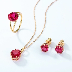 S925 silver jewelry set with red cushion-cut gemstones including ring, necklace and earrings