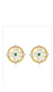 Detailed close-up of S925 silver vintage earrings with mother of pearl and green gemstone