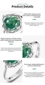 Detailed macro view of S925 sterling silver ring featuring a natural moss agate stone