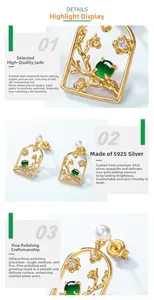 Detail of S925 silver gold-plated plum blossom earrings with emerald and pearls