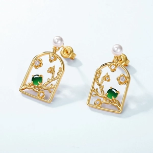 S925 silver gold-plated Chinese plum blossom earrings with green jade and pearl accents